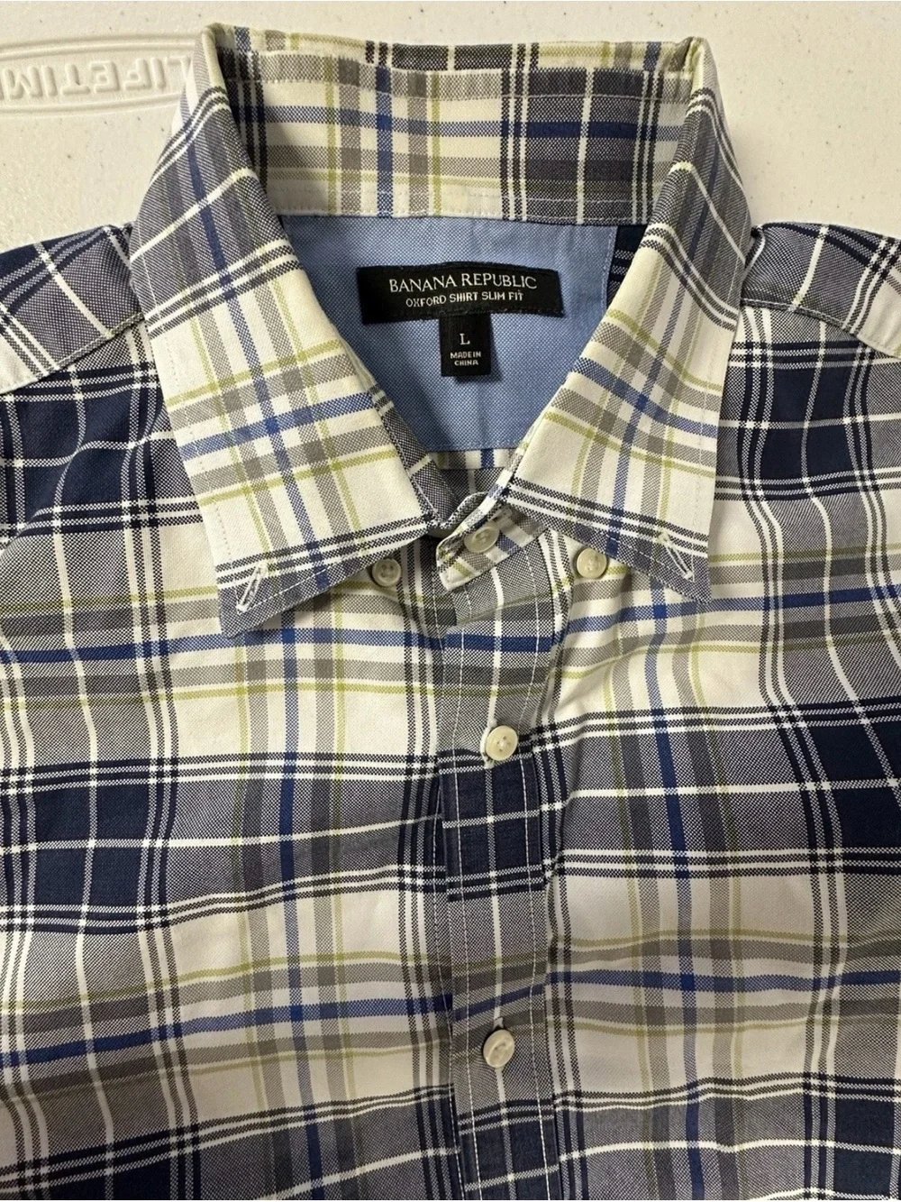 Banana Republic Oxford Shirt Slim Fit Mens L Large Blue Green Plaid Button Up